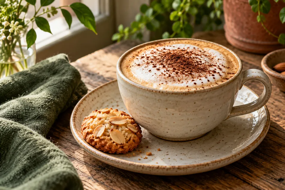 Illustrative image: Oat-milk cappuccino with cocoa beside a small vegan almond biscuit