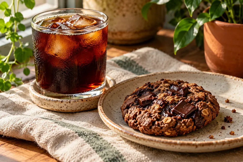 Illustrative image: Cold brew coffee with a chocolate oat cookie