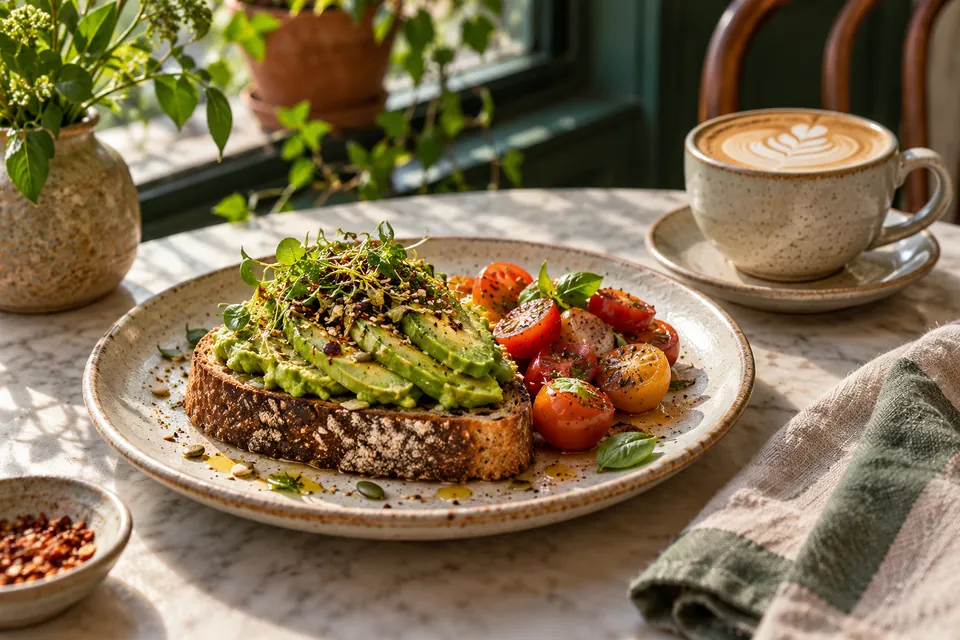 Illustrative image: Avocado toast with cherry tomatoes and oat flat white