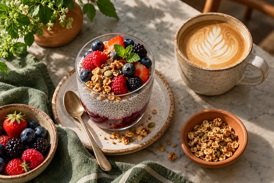 Illustrative image: Berry chia pudding with granola and a latte