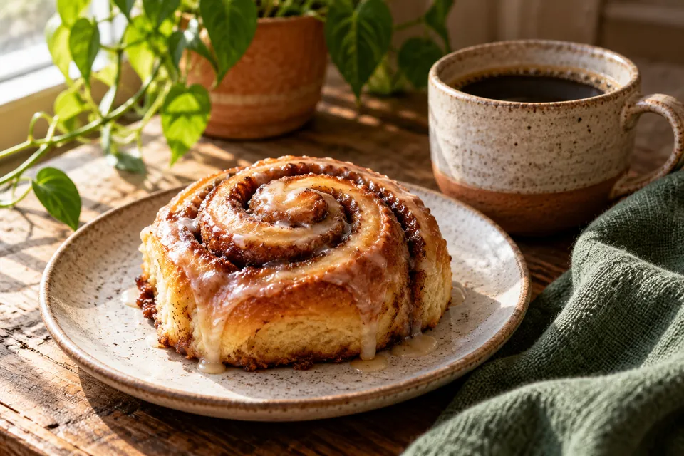 Illustrative image: Plant-based cinnamon roll with black coffee