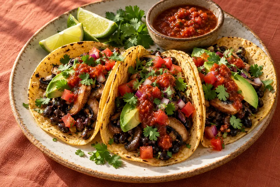 Illustrative image: Black bean and grilled mushroom tacos with avocado