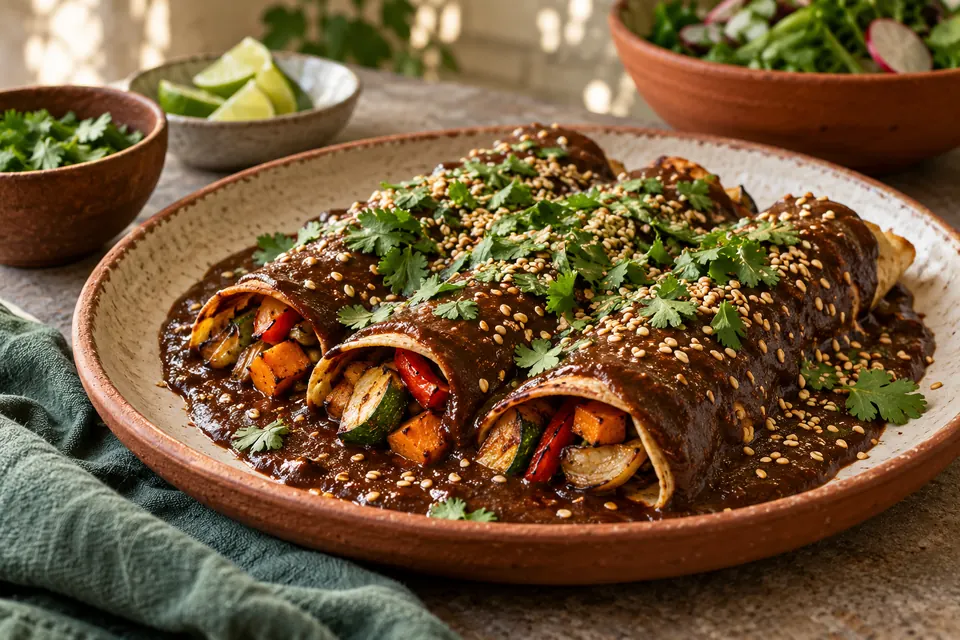 Illustrative image: Roasted vegetable enchiladas with mole sauce