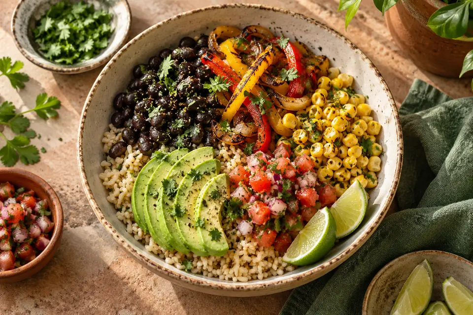 Illustrative image: Plant-based burrito bowl with rice, beans and salsa
