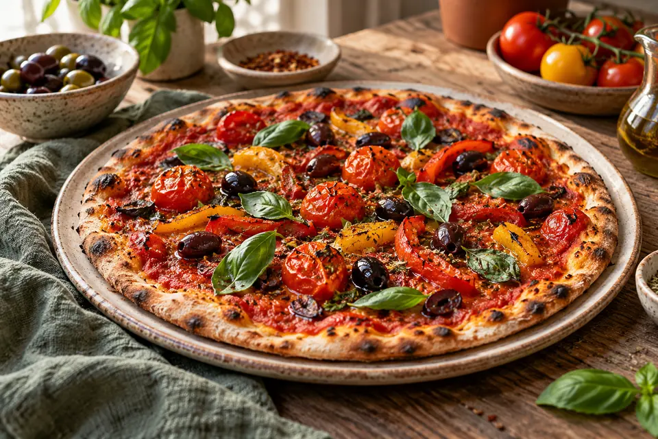 Illustrative image: Tomato and basil pizza with roasted vegetables