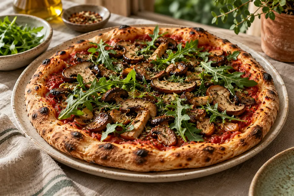 Illustrative image: Mushroom and arugula plant-based pizza