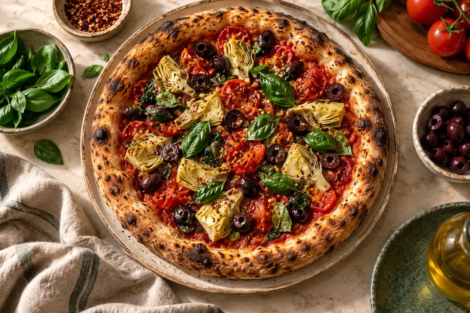 Illustrative image: Sourdough pizza with artichoke, olives and basil