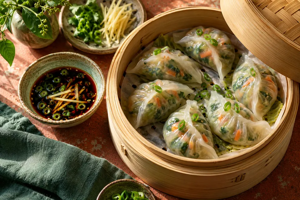 Illustrative image: Steamed vegetable dumplings with ginger dipping sauce