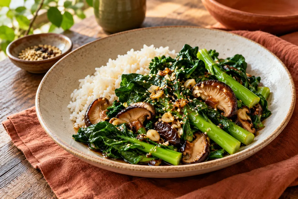 Illustrative image: Stir-fried Chinese greens with shiitake and rice