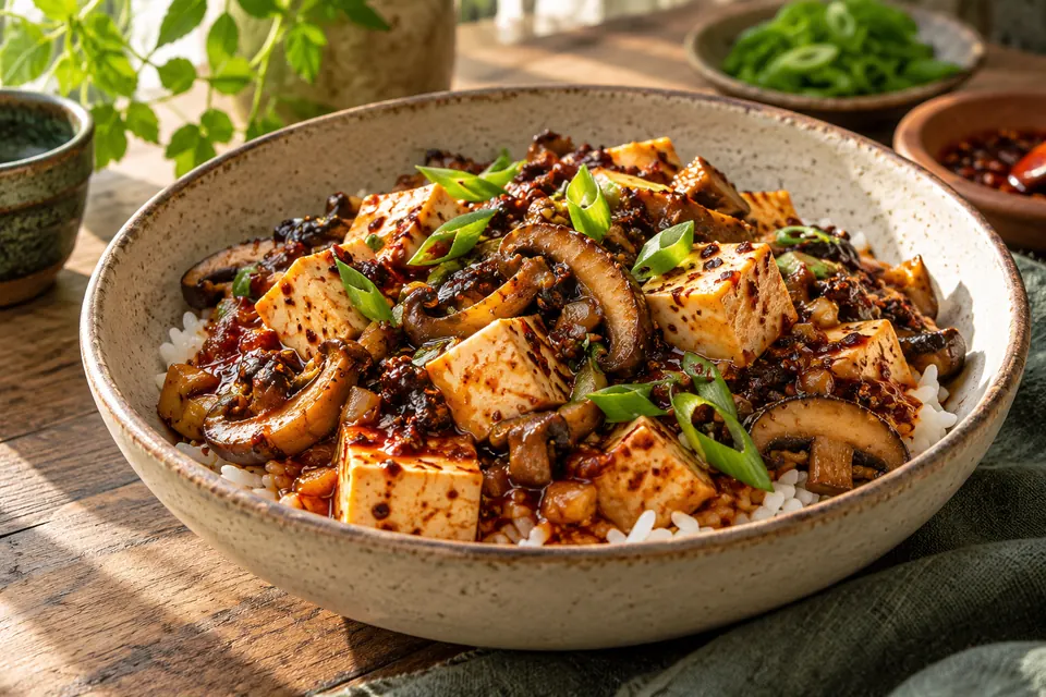 Illustrative image: Mapo tofu with mushrooms and scallions