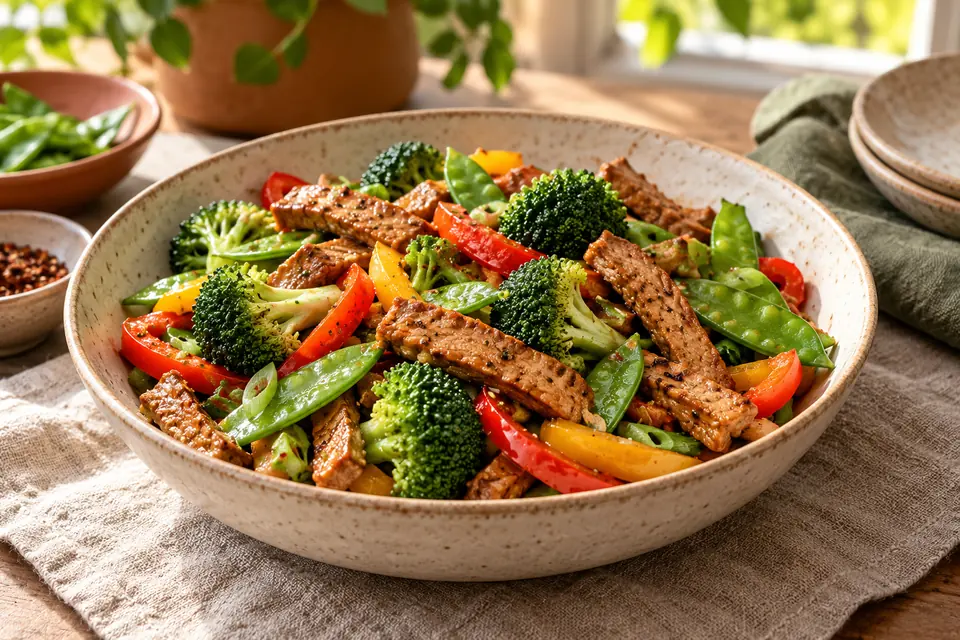 Illustrative image: Chinese stir-fry with plant-protein mock meat and vegetables