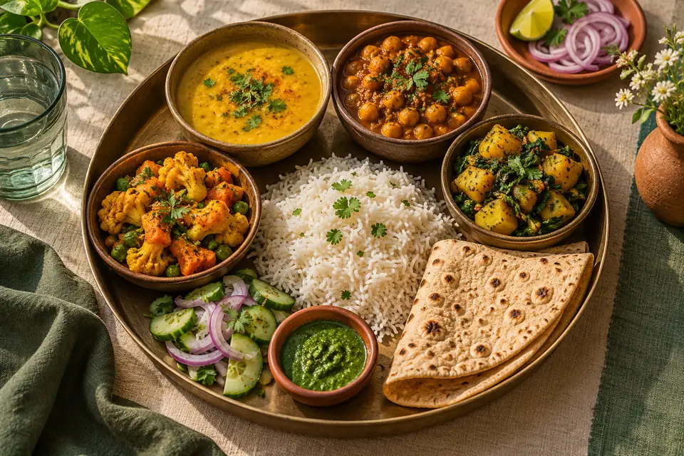 Illustrative image: Vegan Indian thali with dal, vegetables and roti