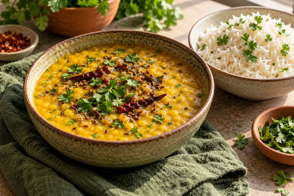 Illustrative image: Yellow dal tadka with rice and cilantro