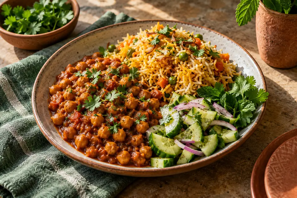 Illustrative image: Chana masala and vegetable biryani