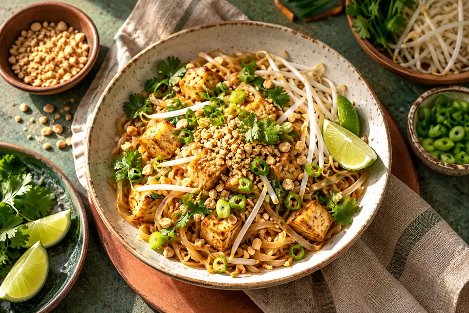 Illustrative image: Pad Thai with tofu, peanuts and lime, no egg