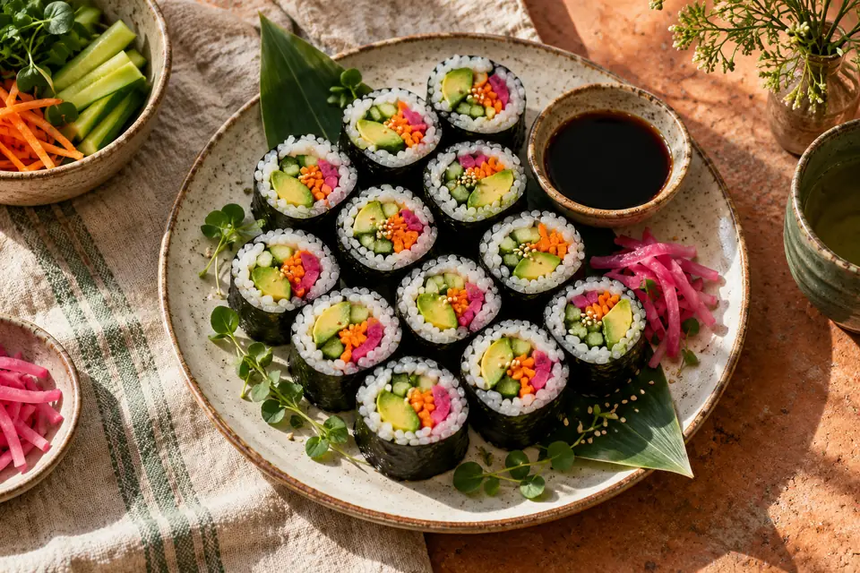 Illustrative image: Colorful vegetable sushi rolls with avocado and cucumber