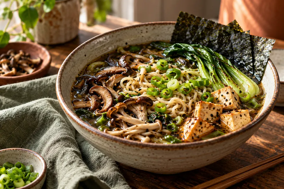 Illustrative image: Mushroom tofu ramen in rich plant-based broth