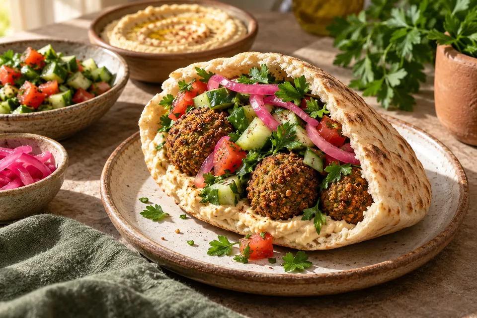 Illustrative image: Falafel pita with hummus, cucumber and herbs