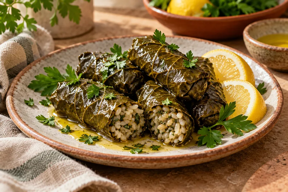 Illustrative image: Rice-stuffed grape leaves with lemon and herbs