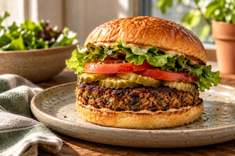Illustrative image: Plant-based burger with lettuce, tomato and pickles