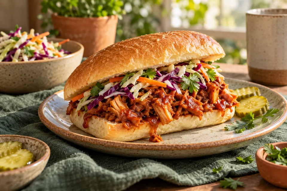 Illustrative image: BBQ jackfruit sandwich with crunchy slaw