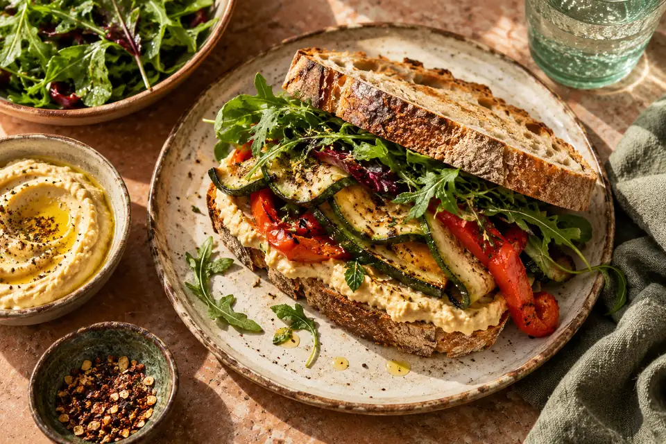Illustrative image: Roasted vegetable deli sandwich with hummus