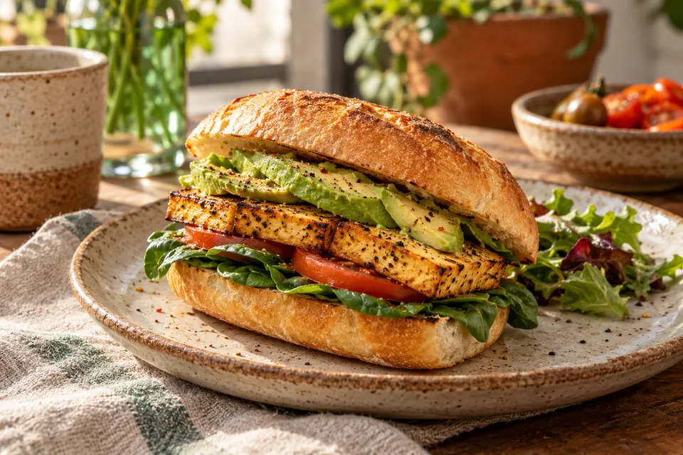 Illustrative image: Tofu breakfast sandwich with spinach and tomato