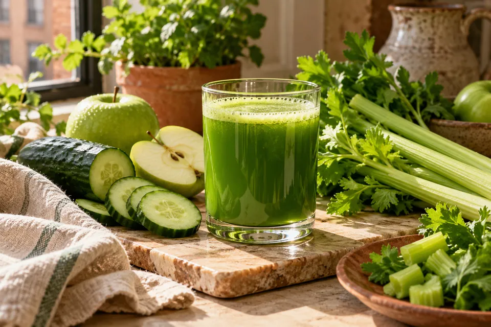 Illustrative image: Fresh green juice with cucumber, apple and celery