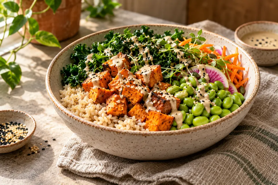 Illustrative image: Brown rice and roasted vegetable grain bowl