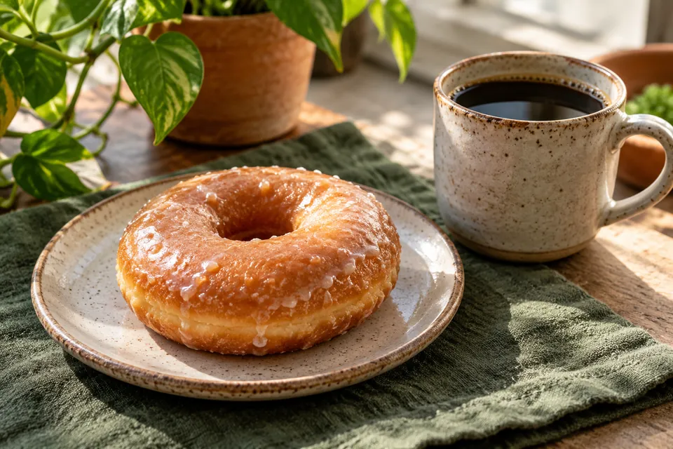 Illustrative image: Glazed plant-based donut with coffee