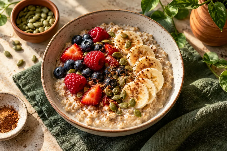 Illustrative image: Warm oatmeal with berries, banana and seeds