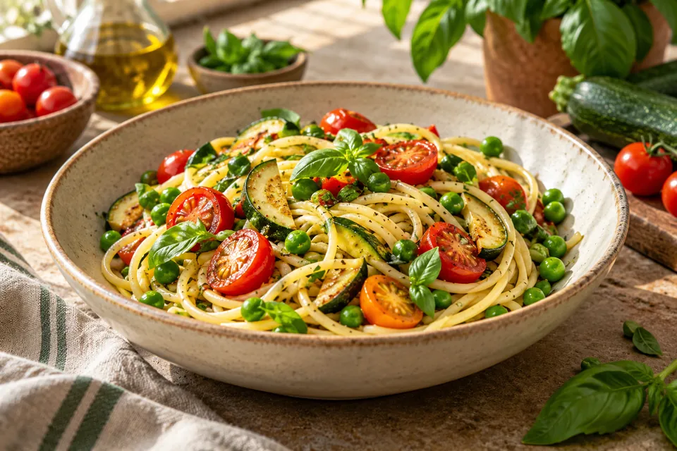 Illustrative image: Pasta primavera with seasonal vegetables and basil
