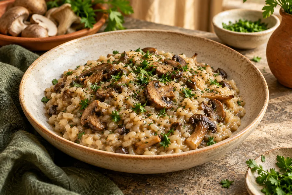 Illustrative image: Mushroom risotto with parsley and olive oil