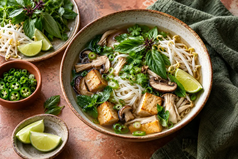 Illustrative image: Vietnamese pho with tofu, mushrooms and herbs