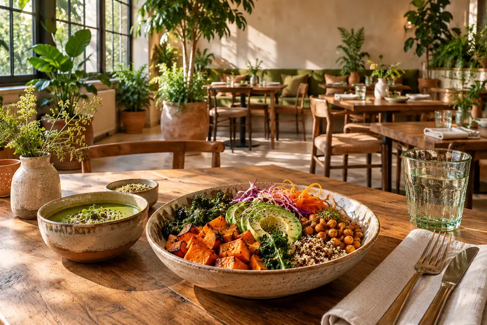 Illustrative image: Sunlit plant-based dining room with natural wood and greenery