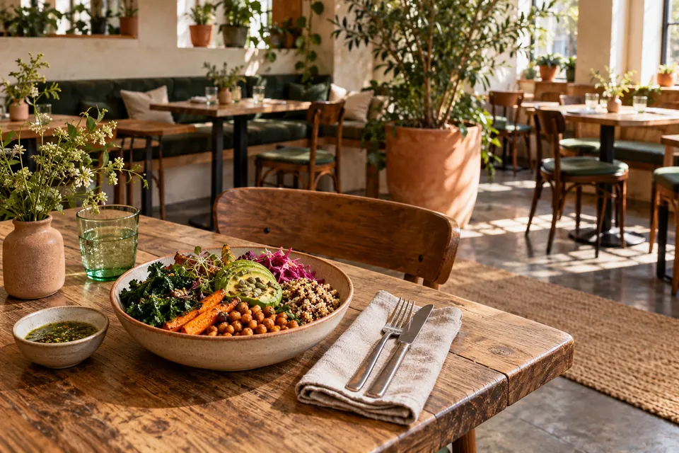 Illustrative image: Quiet plant-based cafe interior in warm daylight