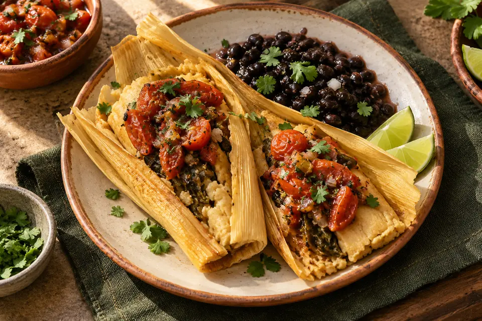 Illustrative image: Plant-based tamales with roasted salsa and cilantro